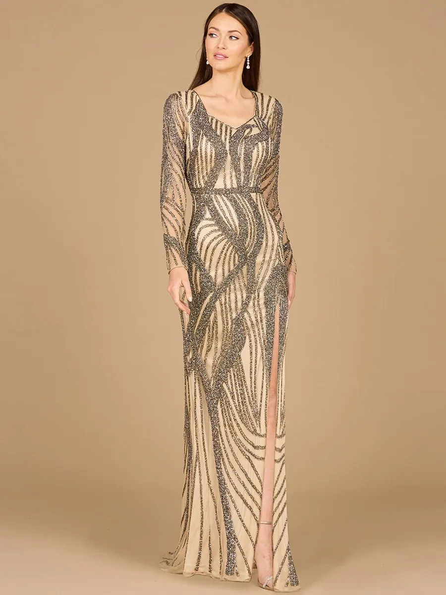 LARA 29165 - CASCADING BEADS LONG SLEEVE DRESS