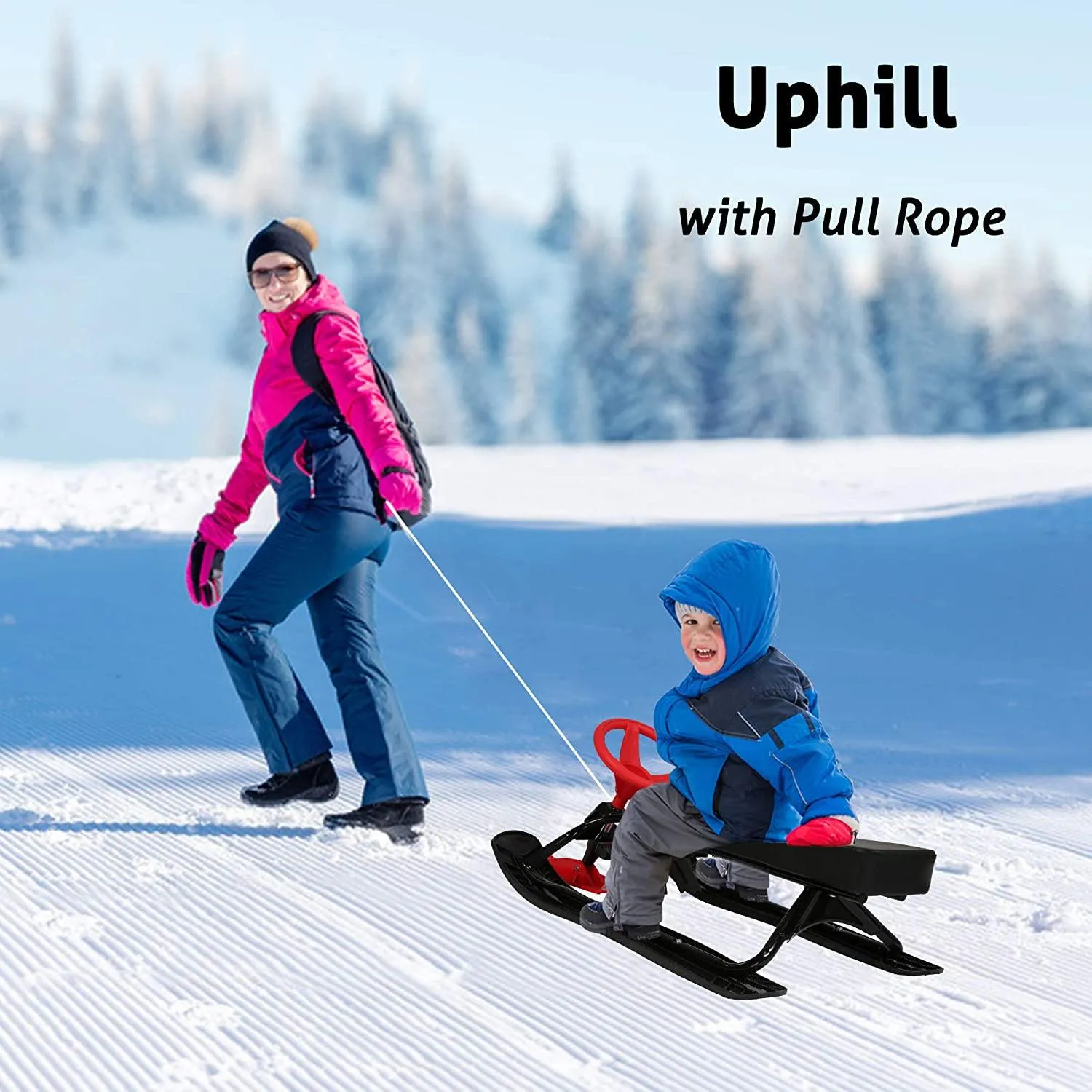 Snow Racer Sled, Ski Sled Snowboard with Steering Wheel & Twin Brakes for Downhill and Uphill
