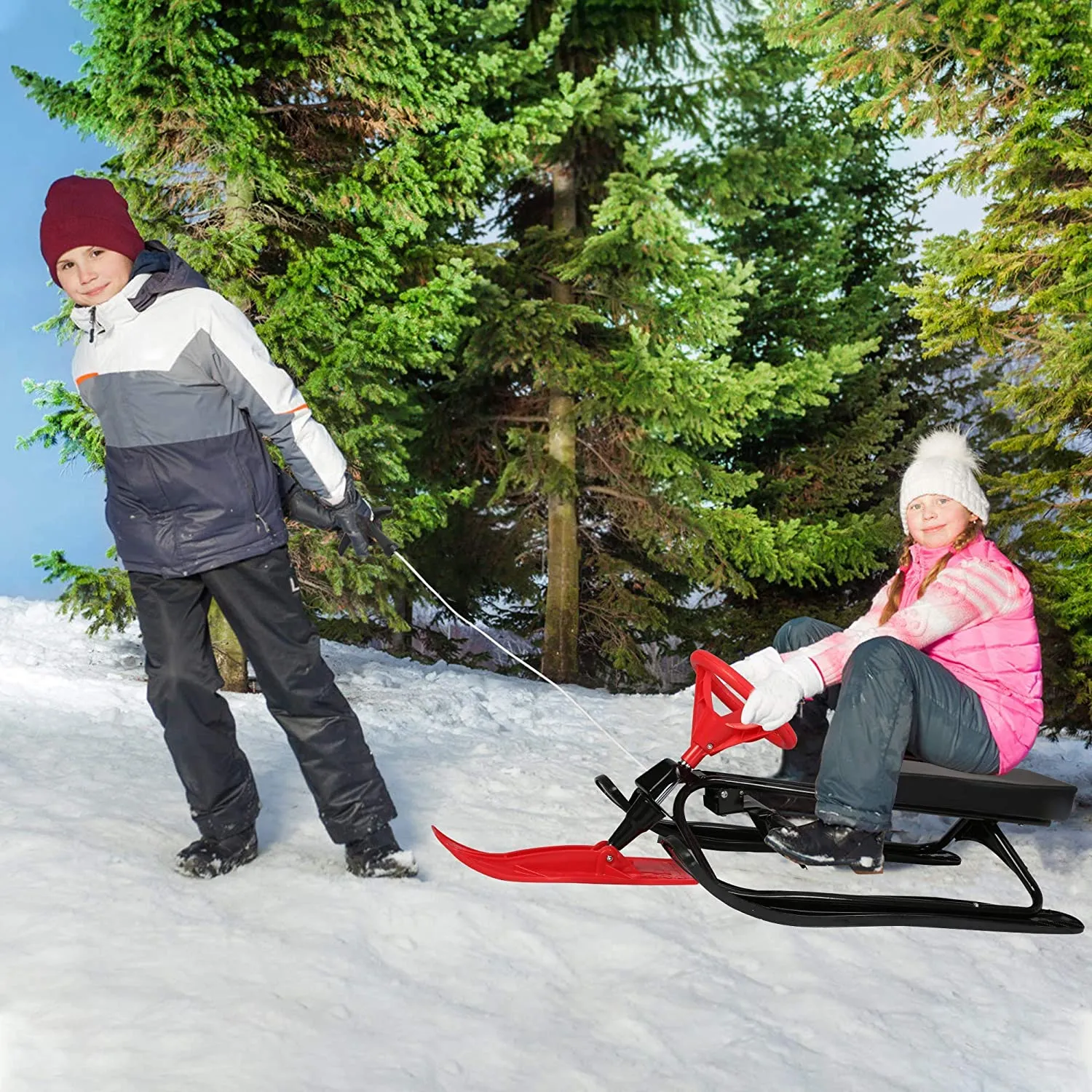 Snow Racer Sled, Ski Sled Snowboard with Steering Wheel & Twin Brakes for Downhill and Uphill
