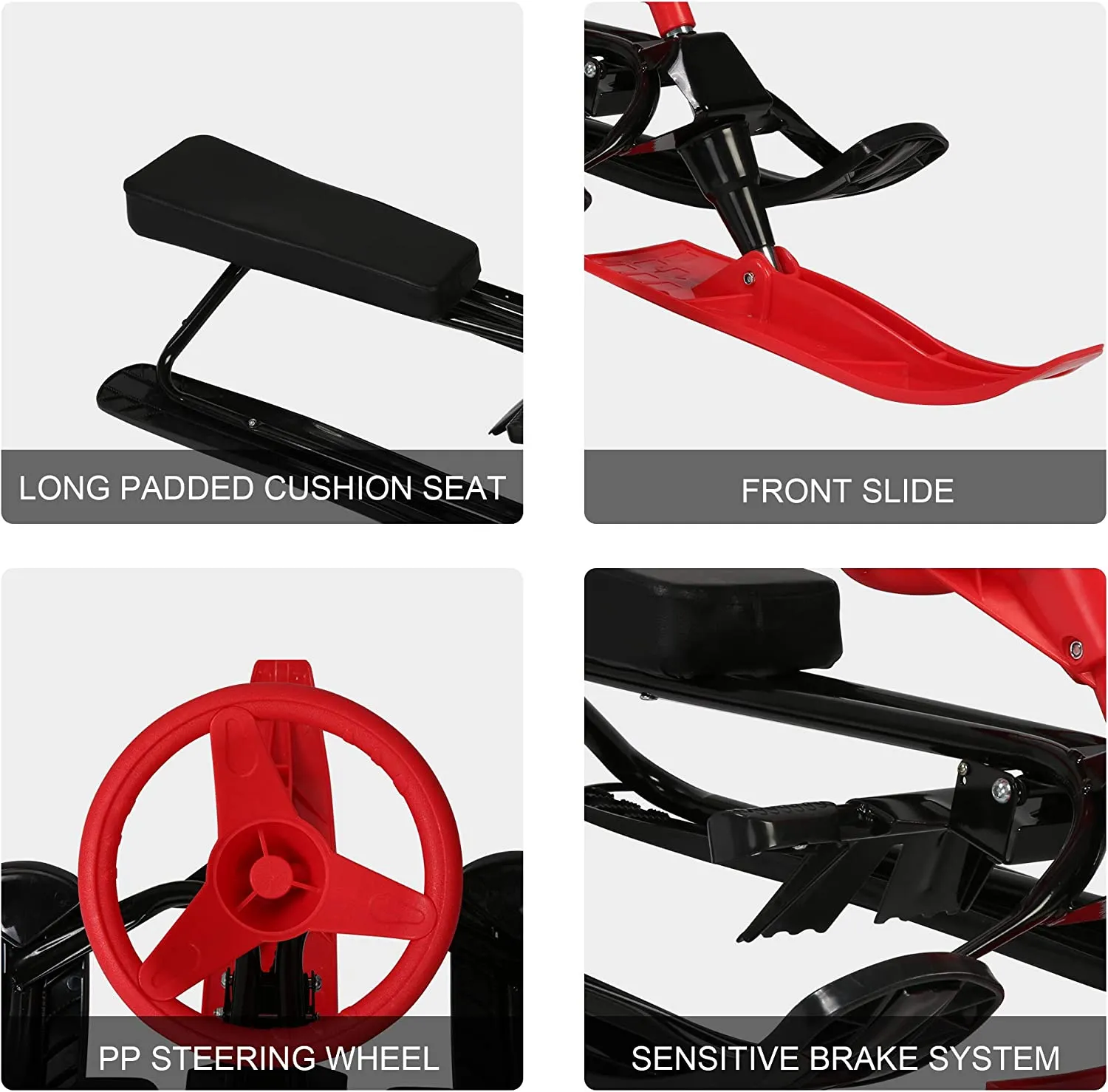 Snow Racer Sled, Ski Sled Snowboard with Steering Wheel & Twin Brakes for Downhill and Uphill