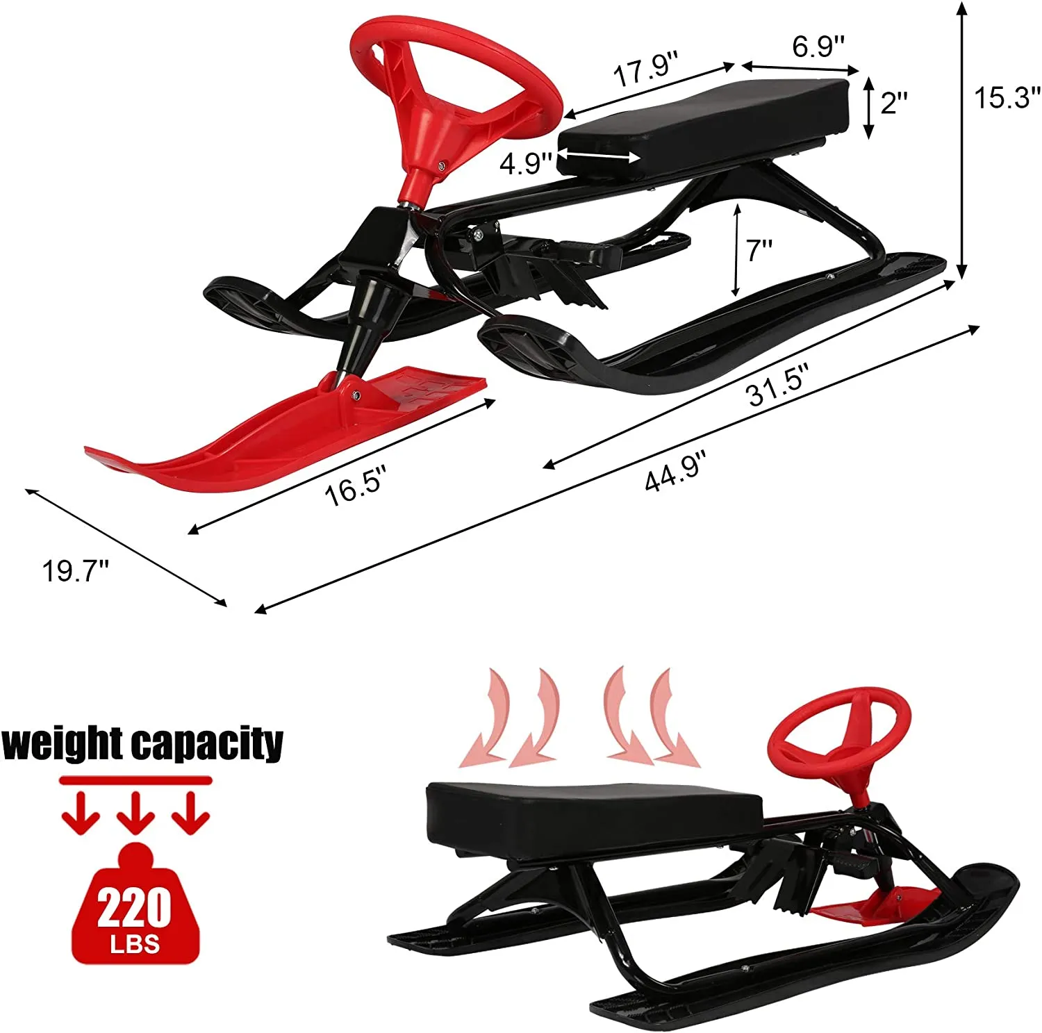 Snow Racer Sled, Ski Sled Snowboard with Steering Wheel & Twin Brakes for Downhill and Uphill